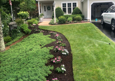 This client in Merrimack, NH, had 2 yards of mulch delivered. Our crew from Greenleaf’s Garden Design spread it the same day. It turns out he needed another yard to finish. A week later we returned to spread the rest.