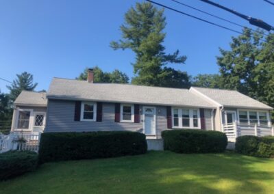 After numerous years of pruning these Yews, our Tyngsboro, MA client said adios. The crew from Greenleaf’s Garden Design along with the log truck pulled the five 5 foot wide and tall yews out in 30 minutes. Two days later we replanted with 10 spreading yews.