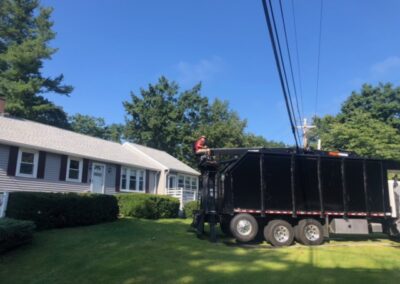 After numerous years of pruning these Yews, our Tyngsboro, MA client said adios. The crew from Greenleaf’s Garden Design along with the log truck pulled the five 5 foot wide and tall yews out in 30 minutes. Two days later we replanted with 10 spreading yews.