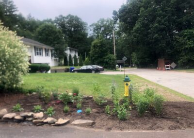 This fun project in Hudson, NH had the crew revisiting and revamping one of our existing gardens! The Excavator dug out 10 yards of poor soil and replaced it with 10 yards of good soil. Last year , in early July, we planted 100 perennials of which half were shade and the others sun loving. These new 80 perennials really made the front side and back yard pond garden quite lovely.