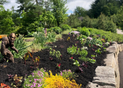 At our 6-year-old North Conway, NH gardens we added 15 annuals, 30 perennials, and 4 yards of black mulch. It took 2 gentlemen 8 hours to complete the renovations.