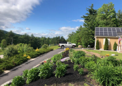 At our 6-year-old North Conway, NH gardens we added 15 annuals, 30 perennials, and 4 yards of black mulch. It took 2 gentlemen 8 hours to complete the renovations.